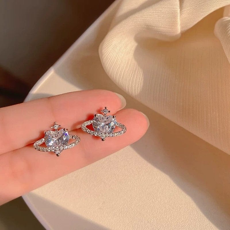 Chic CZ Inlaid Rhinestone Saturn Heart Earrings - ArtGalleryZen