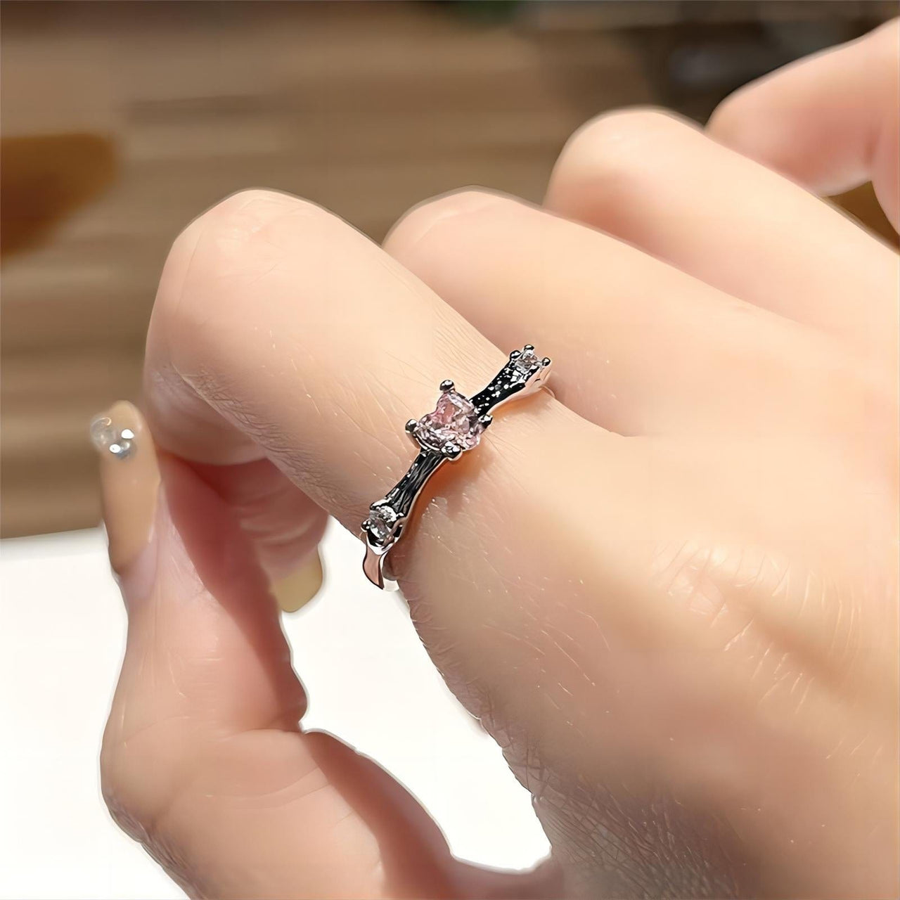 Chic CZ Inlaid Rose Heart Open Ring - ArtGalleryZen