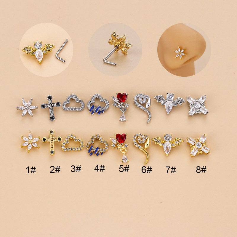 Chic CZ Inlaid Snake Bat Cloud Floral Cross Heart Nose Piercing Nose Stud - ArtGalleryZen