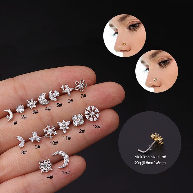 Chic CZ Inlaid Snowflake Moon Phase Star Titanium Nose Piercing Nose Stud - ArtGalleryZen