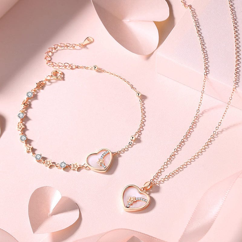 Chic CZ Inlaid Star Heart Necklace Bracelet Set - ArtGalleryZen