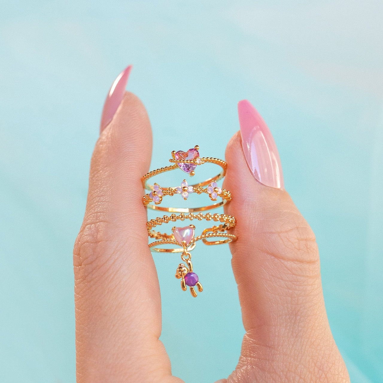 Chic CZ Opal Inlaid Floral Butterfly Bear Heart Ring - ArtGalleryZen