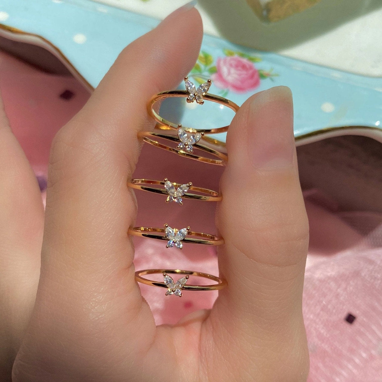 Chic CZ Opal Inlaid Floral Butterfly Bear Heart Ring - ArtGalleryZen