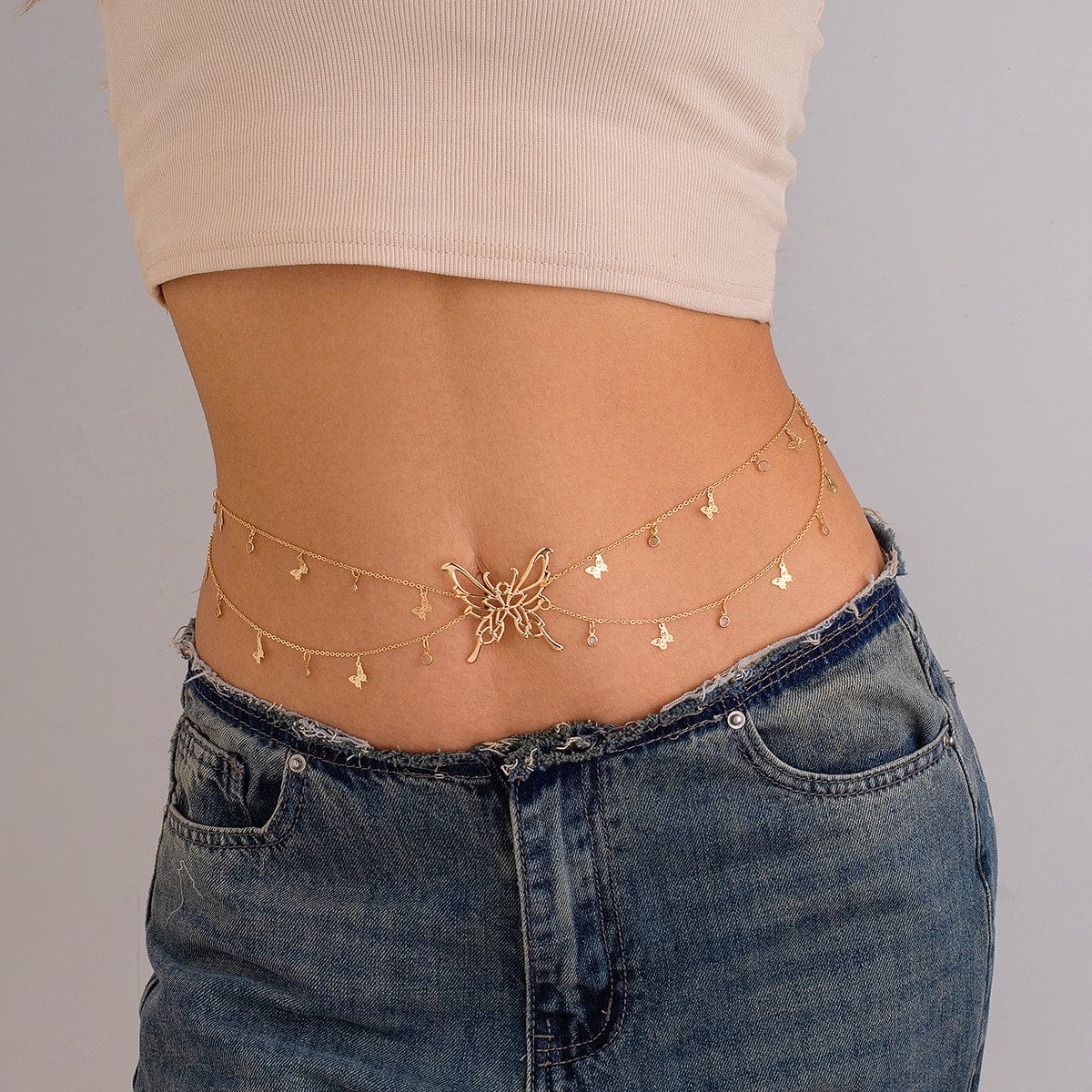 Chic Dainty Layered Butterfly Crystal Tassel Belly Chain - ArtGalleryZen