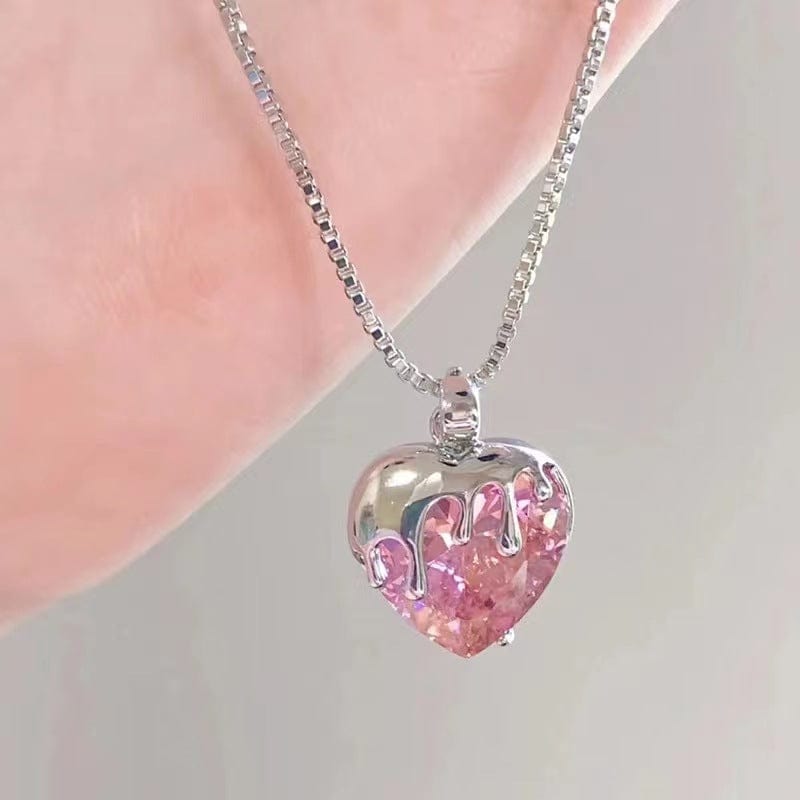 Chic Diamond Cut Pink Crystal Heart Pendant Necklace - ArtGalleryZen