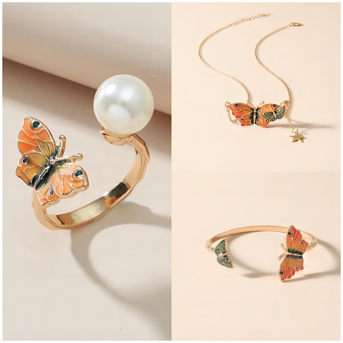 Chic Enamel Butterfly Necklace Bracelet Ring Set - ArtGalleryZen