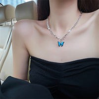 Thumbnail for Chic Enamel Butterfly Pendant Pearl Chain Necklace - ArtGalleryZen