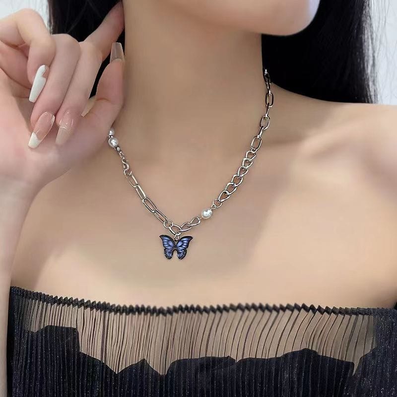 Chic Enamel Butterfly Pendant Pearl Chain Necklace - ArtGalleryZen