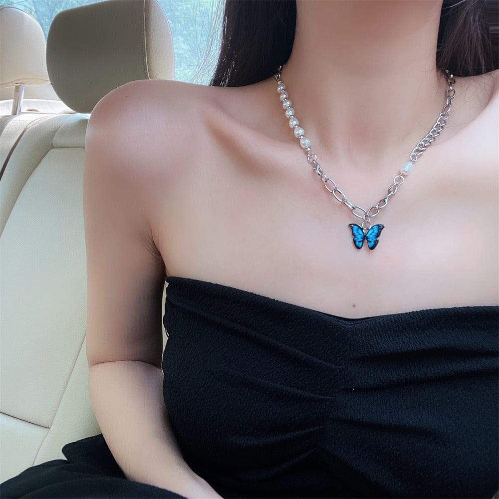 Chic Enamel Butterfly Pendant Pearl Chain Necklace - ArtGalleryZen