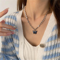 Thumbnail for Chic Enamel Butterfly Pendant Pearl Chain Necklace - ArtGalleryZen