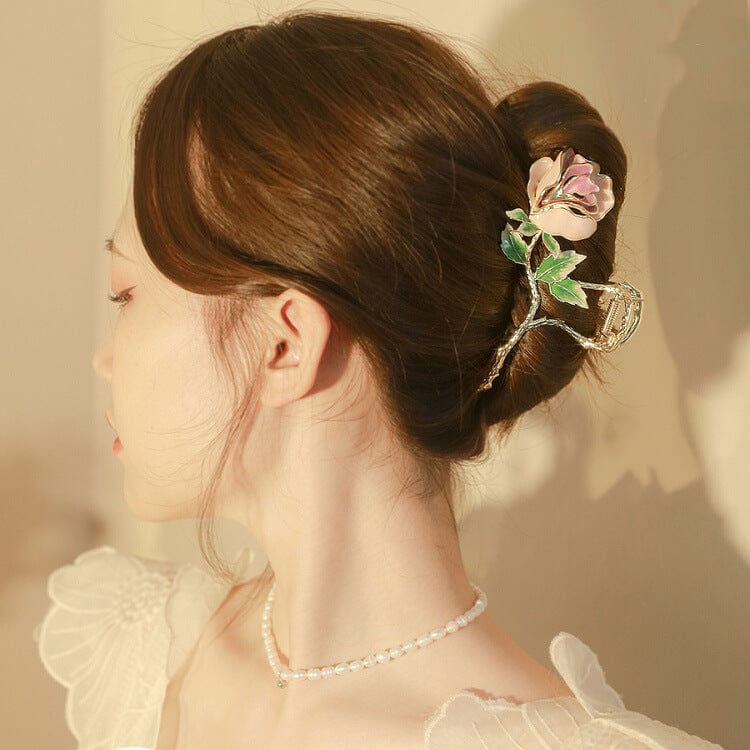 Chic Enamel Pink Rose Chignon Claw Clip Hair Clip - ArtGalleryZen