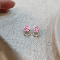 Thumbnail for Chic Enamel Pink Rose Pearl Chain Earrings - ArtGalleryZen