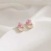 Thumbnail for Chic Enamel Pink Rose Pearl Chain Earrings - ArtGalleryZen