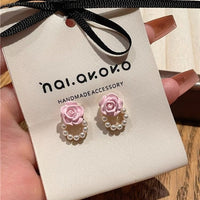 Thumbnail for Chic Enamel Pink Rose Pearl Chain Earrings - ArtGalleryZen