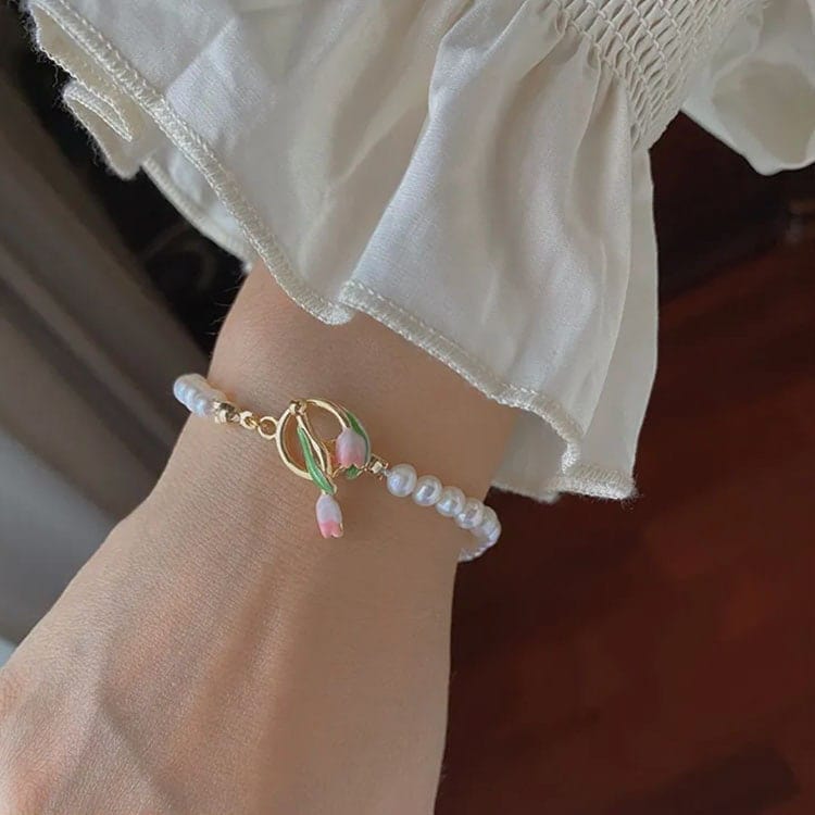 Chic Enamel Tulip Pearl Chain Choker Necklace Bracelet Set - ArtGalleryZen