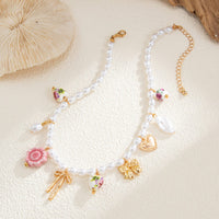 Thumbnail for Chic Floral Heart Bowknot Pendant Pearl Chain Necklace - ArtGalleryZen