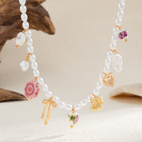 Thumbnail for Chic Floral Heart Bowknot Pendant Pearl Chain Necklace - ArtGalleryZen