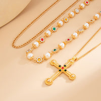 Thumbnail for Chic Gold Silver Tone Cross Pendant Pearl Rhinestone Chain Necklace Set - ArtGalleryZen