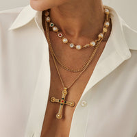 Thumbnail for Chic Gold Silver Tone Cross Pendant Pearl Rhinestone Chain Necklace Set - ArtGalleryZen