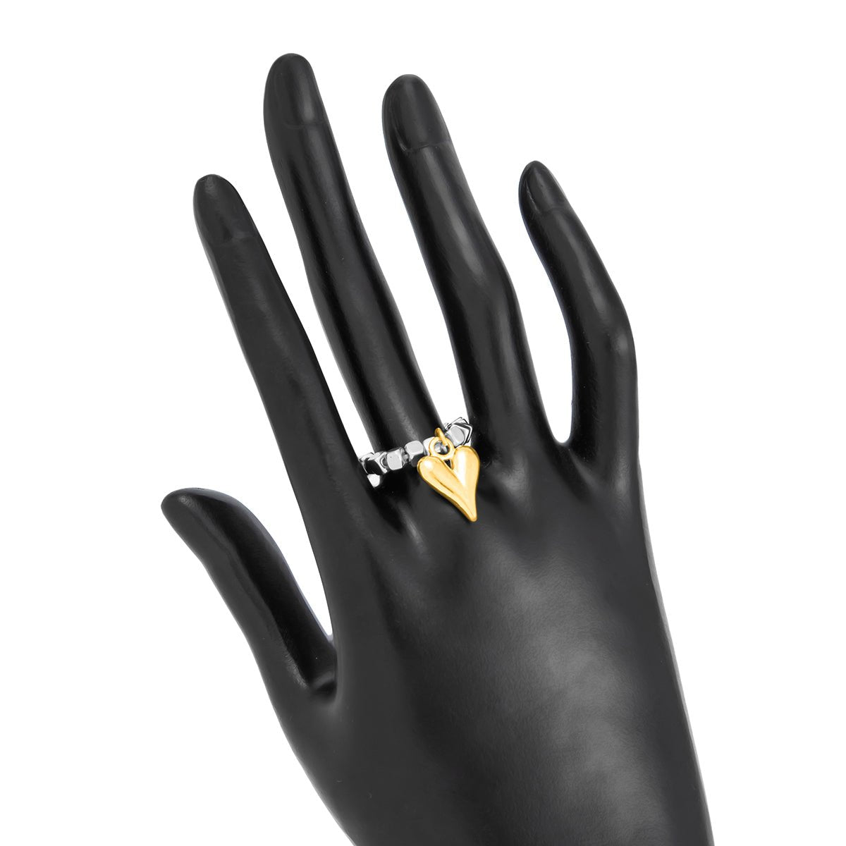 Chic Gold Silver Tone Heart Charm Beaded Ring - ArtGalleryZen