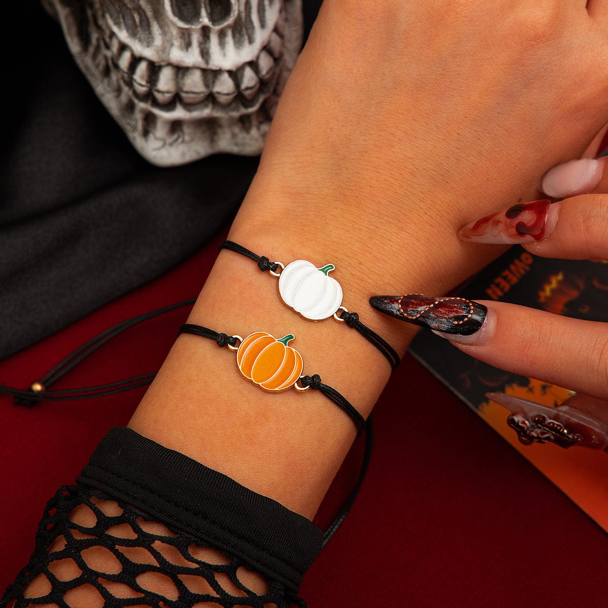 Chic Halloween Pumpkin Pendant Wax Cord Bracelet Set - ArtGalleryZen