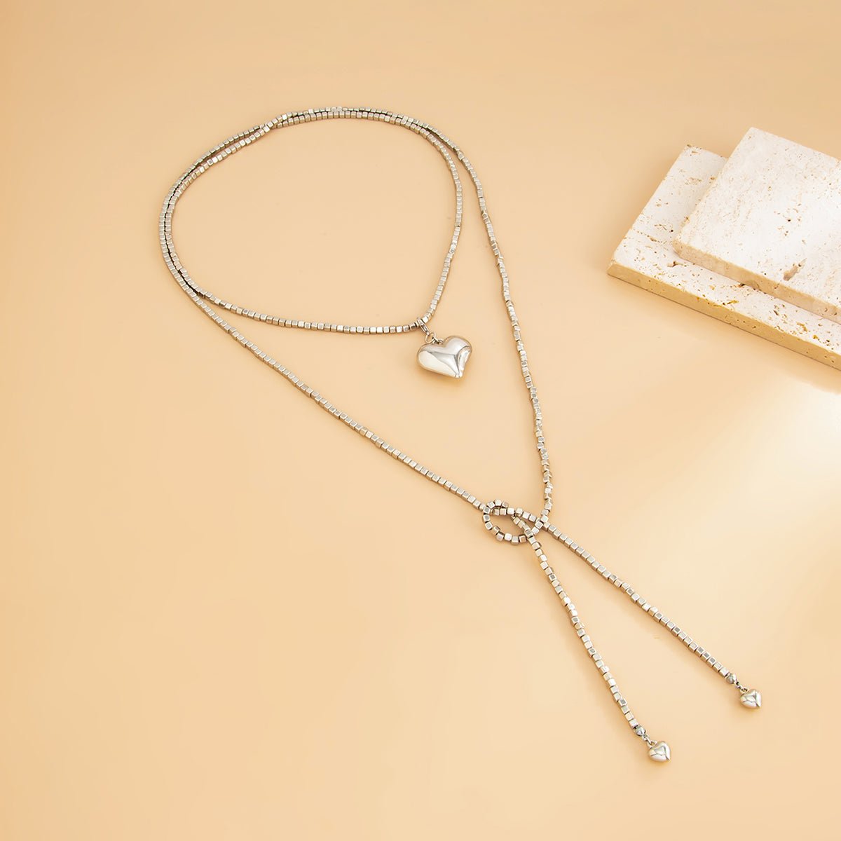 Chic Heart Pendant Square Beaded Long Chain Necklace - ArtGalleryZen