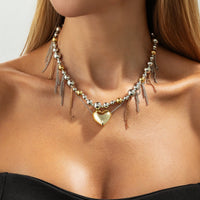 Thumbnail for Chic Heart Pendant Two Tone Ball Chain Tassel Necklace - ArtGalleryZen