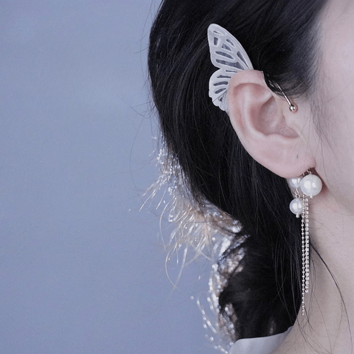 Chic Hollow Butterfly Pearl Chain Tassel Elf Ear Cuff Wrap Earring - ArtGalleryZen