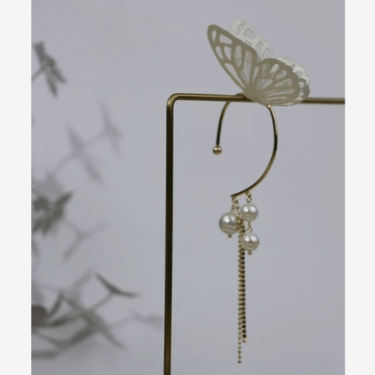 Chic Hollow Butterfly Pearl Chain Tassel Elf Ear Cuff Wrap Earring - ArtGalleryZen