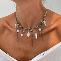 Thumbnail for Chic Irregular Pearl Tassel Curb Chain Necklace - ArtGalleryZen