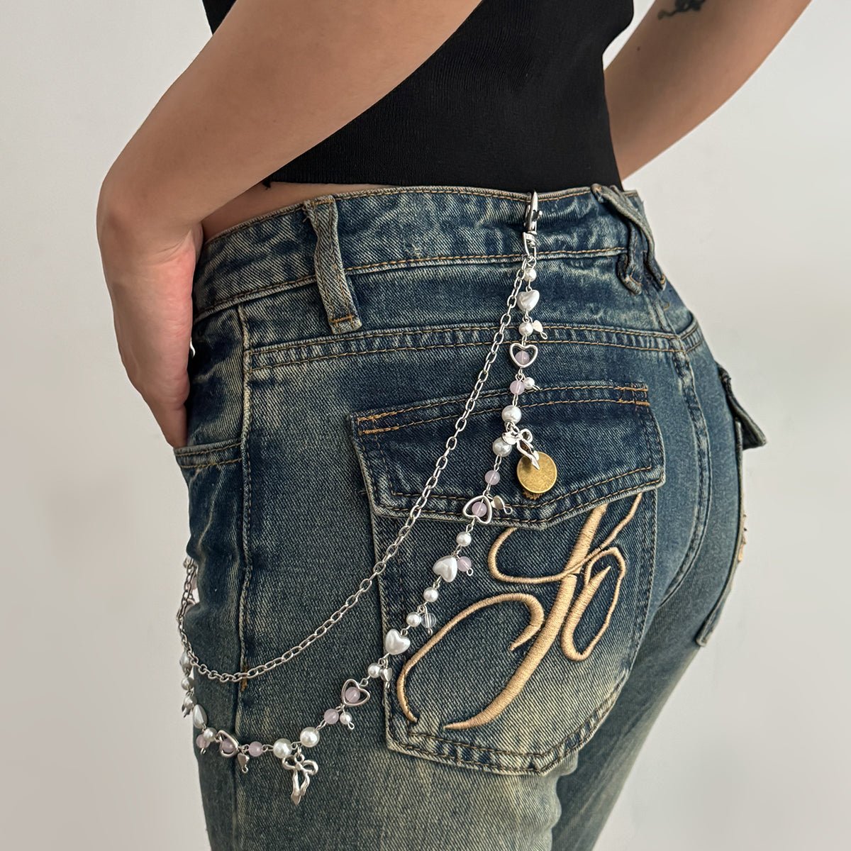 Chic Layered Bowknot Charm Pearl Heart Glass Bead Trouser Chain - ArtGalleryZen