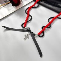 Thumbnail for Chic Layered Cross Bowknot Pendant Pearl Seed Beaded Chain Necklace - ArtGalleryZen