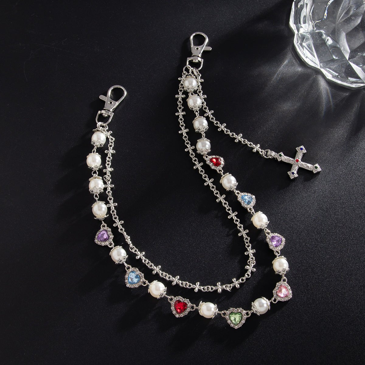 Chic Layered Cross Pendant Heart Rhinestone Pearl Trouser Chain - ArtGalleryZen