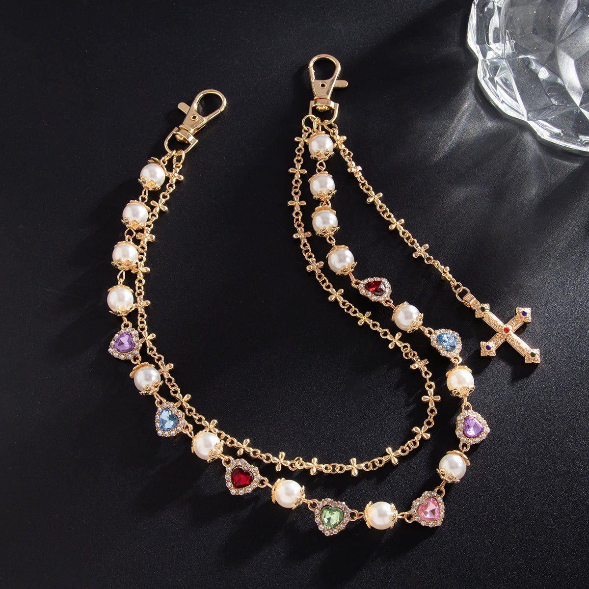 Chic Layered Cross Pendant Heart Rhinestone Pearl Trouser Chain - ArtGalleryZen