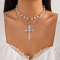 Thumbnail for Chic Layered Cross Pendant Pearl Chain Necklace - ArtGalleryZen