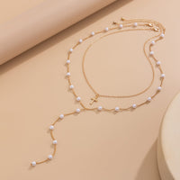 Thumbnail for Chic Layered Cross Pendant Pearl Chain Y Necklace Set - ArtGalleryZen