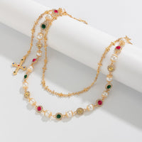 Thumbnail for Chic Layered Cross Pendant Pearl Crystal Trouser Chain - ArtGalleryZen