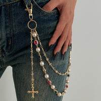 Thumbnail for Chic Layered Cross Pendant Pearl Crystal Trouser Chain - ArtGalleryZen