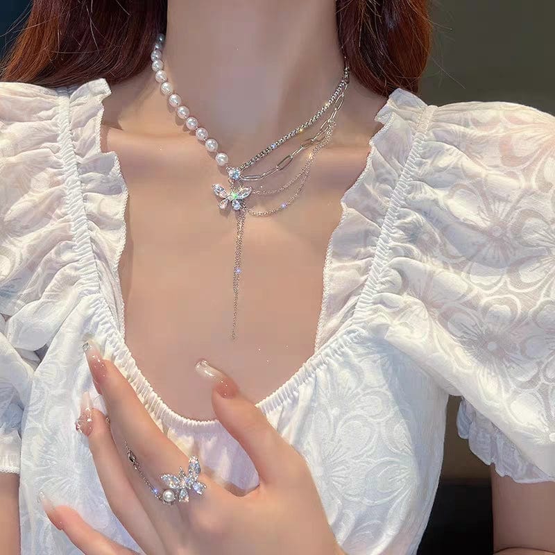 Chic Layered Crystal Butterfly Pearl Chain Necklace - ArtGalleryZen