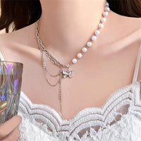 Thumbnail for Chic Layered Crystal Butterfly Pearl Chain Necklace - ArtGalleryZen