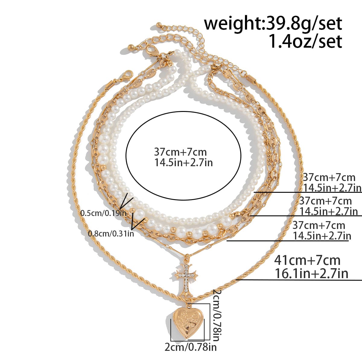 Chic Layered Crystal Inlaid Cross Heart Pendant Pearl Chain Necklace Set - ArtGalleryZen