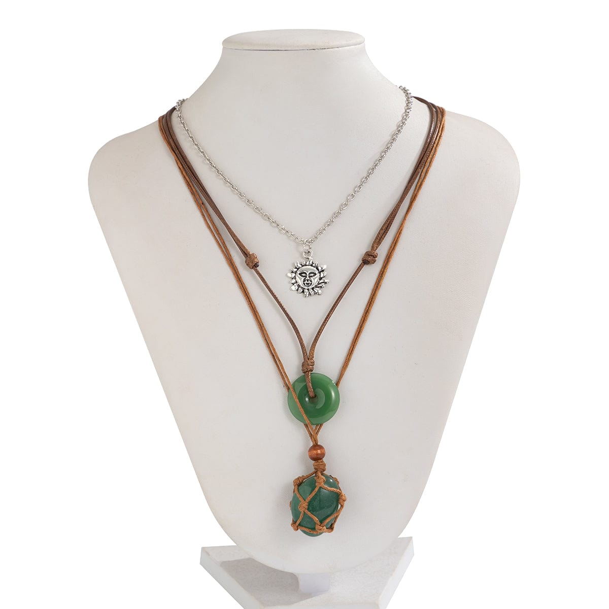 Chic Layered Crystal Sun Pendant Wax Cord String Necklace Set - ArtGalleryZen