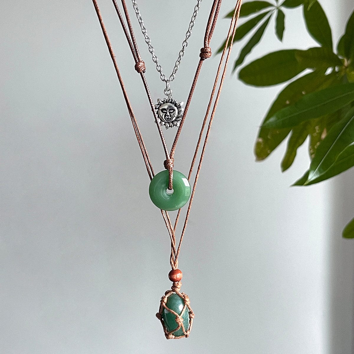 Chic Layered Crystal Sun Pendant Wax Cord String Necklace Set - ArtGalleryZen