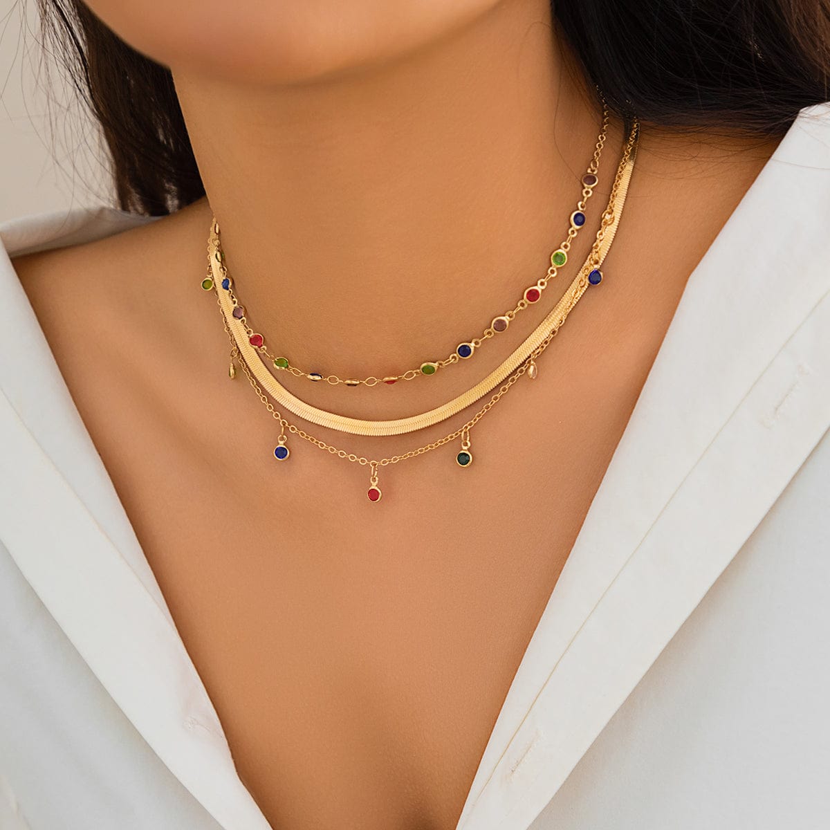 Chic Layered Crystal Tassel Herringbone Chain Necklace Set - ArtGalleryZen