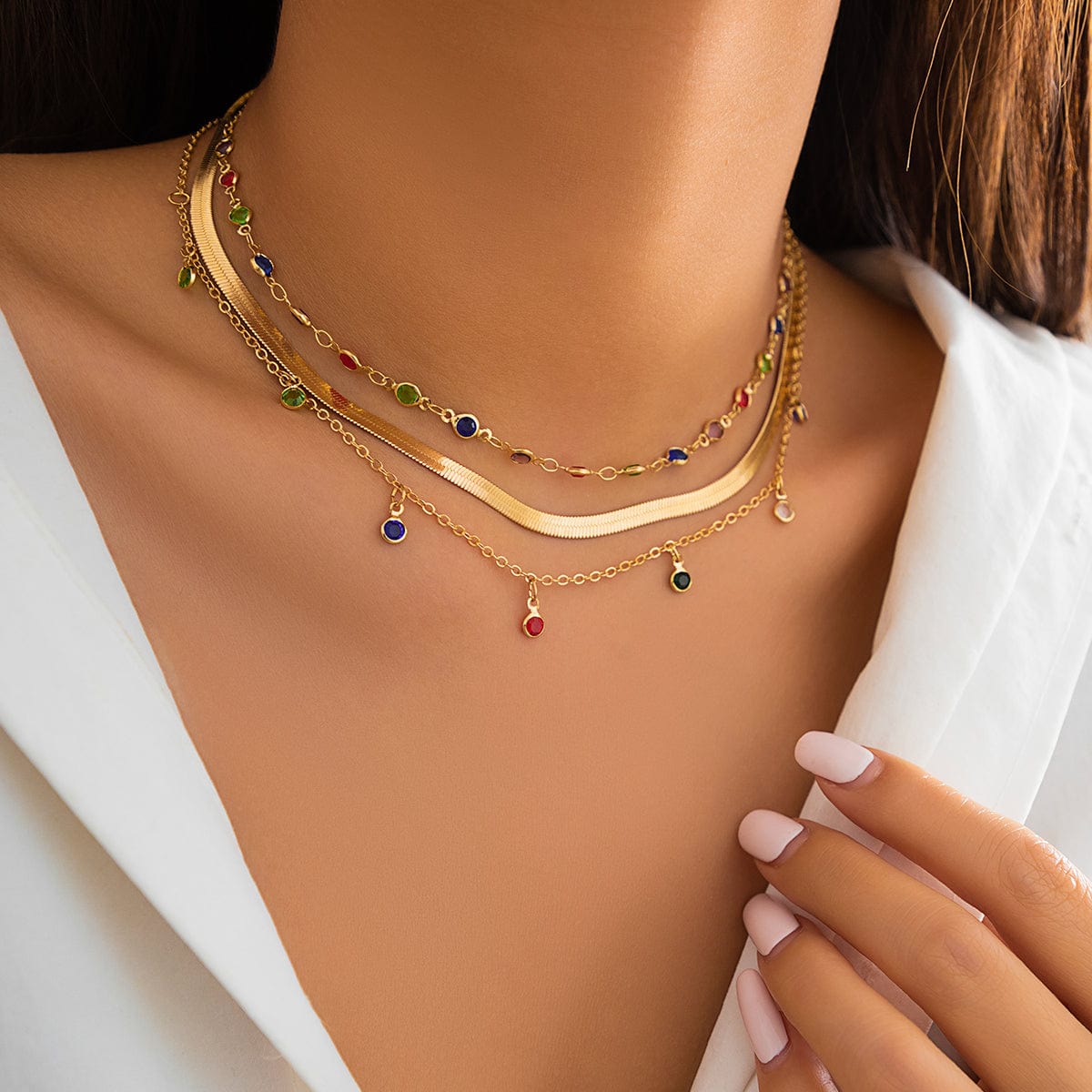 Chic Layered Crystal Tassel Herringbone Chain Necklace Set - ArtGalleryZen