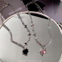 Thumbnail for Chic Layered CZ Inlaid Pink And Black Crystal Heart Pendant Star Chain Necklace - ArtGalleryZen