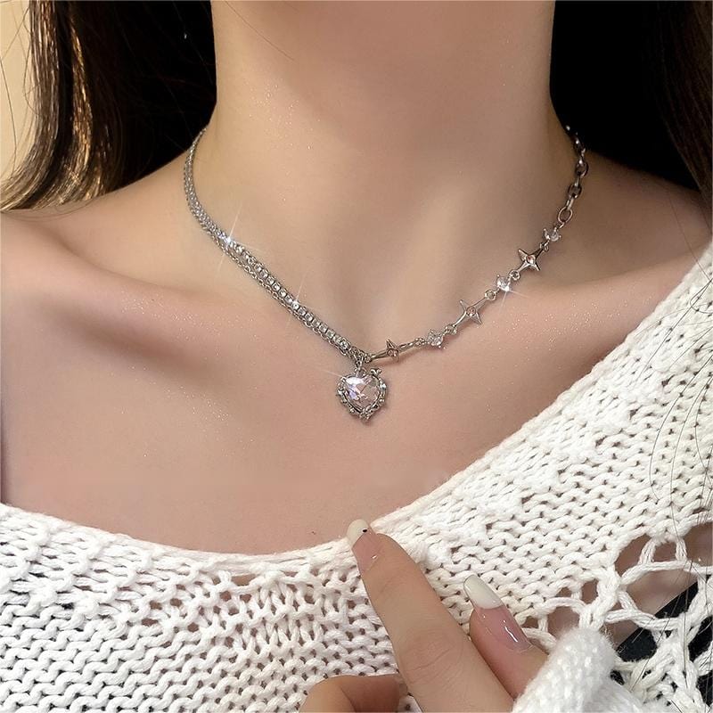 Chic Layered CZ Inlaid Pink And Black Crystal Heart Pendant Star Chain Necklace - ArtGalleryZen