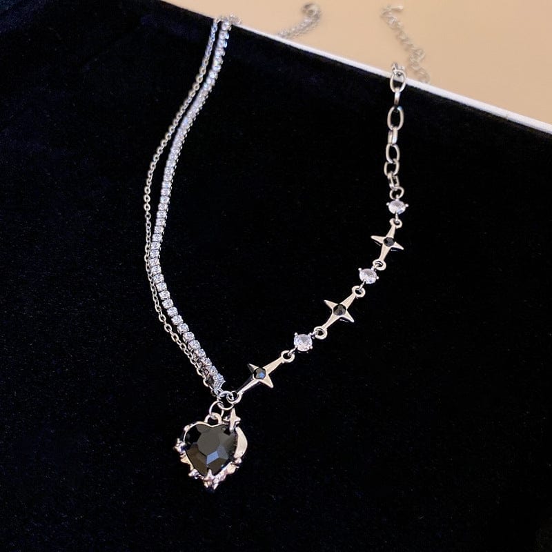 Chic Layered CZ Inlaid Pink And Black Crystal Heart Pendant Star Chain Necklace - ArtGalleryZen