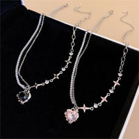 Thumbnail for Chic Layered CZ Inlaid Pink And Black Crystal Heart Pendant Star Chain Necklace - ArtGalleryZen