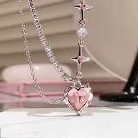 Thumbnail for Chic Layered CZ Inlaid Pink Crystal Heart Pendant Star Chain Necklace - ArtGalleryZen